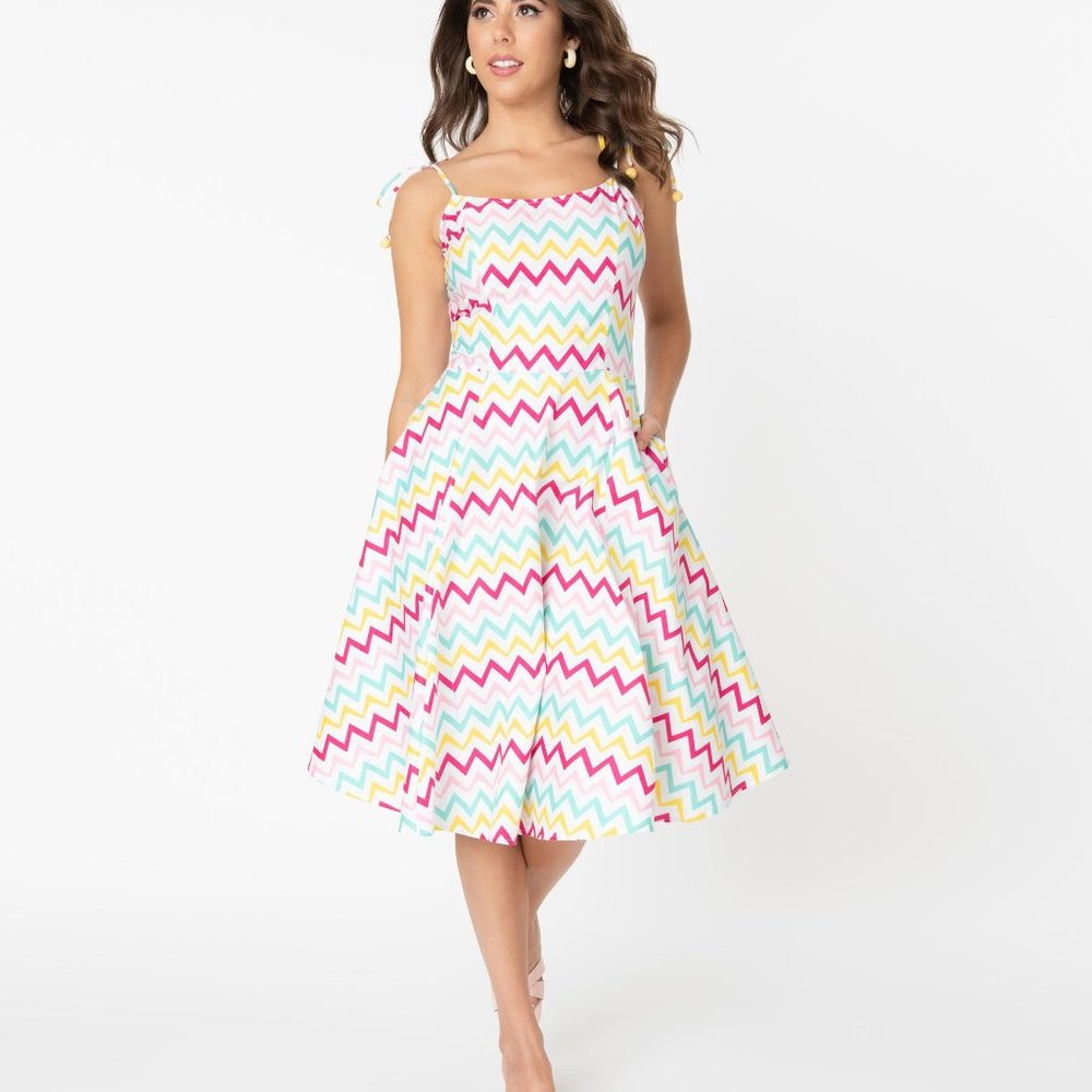 Unique Vintage 1950s Rainbow Chevron Swing Dress